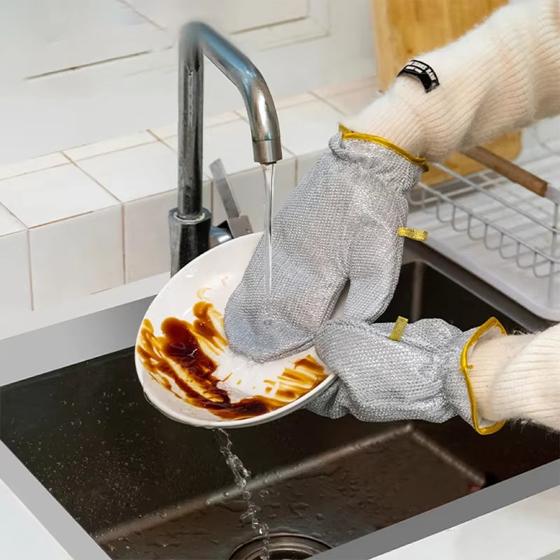 Bamboo Fiber Dishwashing Gloves with Non-Stick Silver Wire for Kitchen Cleaning - Oil-Proof and Waterproof Steel Wire Design